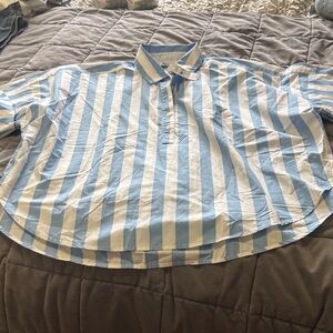 LOFT Light Blue and White Vertical Stripe Button-Down Shirt
